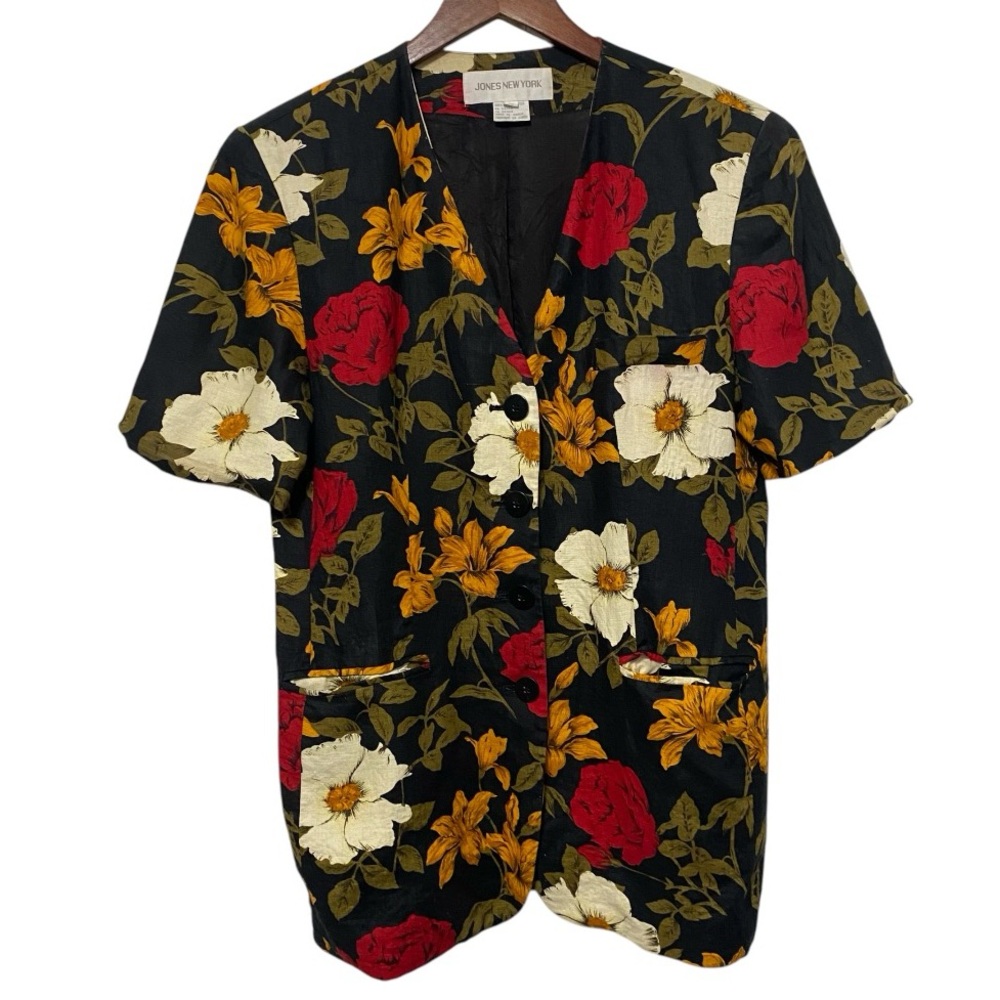 Vintage Jones New York Linen Floral Blazer Jacket Womens Size 10 Chic Career